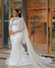 2022 Plus Size Arabisch Aso Ebi Sheer Neck Mermaid Brautkleid Lange Ärmel Sexy Brautkleider Kleider ZJ441