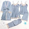 Сексуальные женские платья для халата наборы осень зима 4 5 штук пижамы, наборы для сна, женская набор для сна искусственные шелковые халаты женское нижнее белье 201114