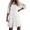 Casual Dresses Dress Female Beach Vestidos Crew Neck 3/4 Sleeve Ruffle Hem Women Crochet Brodery Spets Mesh Stitching Mini