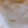 Lien Chaîne Véritable Plaqué Or Baroque Perle Arc Bracelet Personnalité Mode Brillant Zircon Incrusté Bijoux De Mariage Anniversaire GiftLink Fawn22