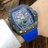 Luxury Mens Mechanics Watch Richa Milles armbandsur Flyback Big Date Top Black Carbon Fiber RM11-04 Miyota Autoamtic Mechanical Skeleton