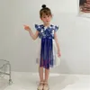 2022 Summer New Girls Dress Fashion Print Children's Clothing Girl Small Flying Sleeve Dress Women Child Mesh Blue and White Porcelain Stitching Princess Dresses