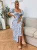 Ditsy Floral Print Puff Sleeve Tie Front High Split Dress Women Ruched Drawstring Party Long Dress Vestidos Sundress 220513