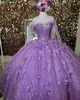 فستان quinceanera blingbling 2023 مع الأكمام البريق الترتر الكريستال الأزهار الحلو 16 ثوب Vestidos de 15 Anos Charro Mexican Light-Blue Lavender Quince Queen