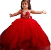 2022 Mooie bloemenmeisjes jurken voor bruiloften juweel nek tule handgemaakte bloemen mouwloze grote boog donker rode prinses kinderen verjaardagsmeisje pageant jurken