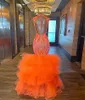 African Orange Sequined Mermaid Prom Dresses Tiered Skirt Sparkly Pattern Long Evening Gowns Aso Ebi Sexy Backless Special Occasion Dress For Black Girls