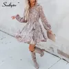 Southpire Pollen Floral Print Ruffle Tie Mini Dress Women's Long Sleeve Elegant Spring Summer Dresses With Waist Tie Lining 220517