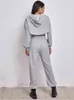 Women Athflow Style Hoodie Three-piece Suit Solid Crop Bare Midriff Sweatshirt Athleisure Vest And Pant Outfits Set For Sports T220729