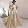 La promenade affascinante del merletto di applique di Champagne veste il collo a V fuori dagli abiti di sera della spalla A-line vestidos de fiesta