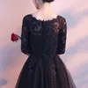 Parti Elbiseleri Uzun Kollu Prom Gowns Siyah Kokteyl Dantel Tül Yüksek Düşük Mezuniyet Elbise
