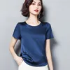 Été basique solide femmes T-Shirts col rond manches courtes T-shirts hauts Satin soie élégant mince chemises pour femme 220402