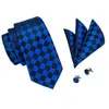Bow Ties Hi-tie niebieski jedwabny zestaw dla mężczyzn mody kraciasty na kaseta mankieta mankieta biznesowa