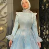 Ciel bleu musulman robes de bal col haut à manches longues perles arabe dubaï soirée robes de soirée Organza tenue de soirée