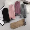 Five Fingers Gloves Korean Plus Velvet Bow Outdoor Cycling Warm Women's Winter Thick Plush Full Finger Touch Screen Driving Mittens S18