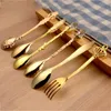 Dinnerware Sets 6pcs/set Vintage Spoons Fork Mini Royal Style Metal Gold Carved Coffee Spoon Fruit Prikkers Dessert Kitchen Tool TeaspoonDin