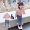 Clothing Sets 2022 Spring Autumn Kids Baby Girls Print Blouse Shirt Tops + Jeans Pants Outfit Set Children Fashion Casual Clothes D596