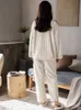 ATUENDO Winter Warm Soild White Pyjama-Set für Damen Vintage Atoff Home Satin-Flanell-Nachtwäsche 100 % samtweiche Seide-Nachtwäsche 220329