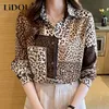 Spring Leopard Patchwork Print Satin Shirt Women Korean Style Polo Neck Långärmad blusar Elegant Fashion Casual Top 220623