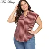 Plus Size Blouse Shirt Women Summer Stand V Neck Short Sleeve Striped Print Casual Blouse Big Size Ladies Tunic Tops 210401