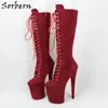 Sorbern Wine Red Women Boots Stripper Heel Mid Calf Boot Extreme High Heel 20 cm Dicke Plattform Schuhe Größe 11 Custom
