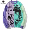 Aolamegs Felpa da uomo a blocchi di colore brillante Comics Girl Print Pullover Coppia Baggy Casual All-match Harajuku Fashion Streetwear