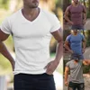 Camisetas para hombres Camiseta casual de verano para hombres Sudadera Deportes Slim V Cuello Masculino Camiseta Algodón Manga corta Color Sólido Fitness Camiseta