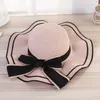 Summer New Wide Brim Hats Wavy Bowknot Strap Straw Hat Ladies Beach Sun Protection Caps for Holiday