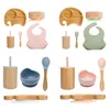 Bite Bites 1SET Silicone Baby Feeding Tableware Bamboo Wood Dinner Plate With Suction Cup Easy To Clean Children's Tableware 220624