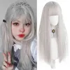 Długie proste włosy syntetyczna peruka srebrna biała czarna grzywka cosplay lolita odporna na ciepło 220622