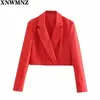 Frauen Mode Rot Leinen Mischung abgeschnitten Blazer Mantel Weibliche Sexy V-ausschnitt Langarm Zweireiher Top Chic Tops 210520