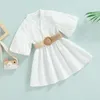 Robes de fille Focusnorm 2-7Y Mode d'été Petites filles Robe Vêtements Manches bouffantes Solide Col V Taille haute A-ligne avec ceinture