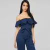 Kvinnors jumpsuits rompers mode kvinnor blå denim av axel jumpsuit ruffle bälte breda ben byxor lekdräkt sommar romper blixtlås bodysuit