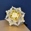 Sz6-10 Fashion Party Ring Sparkling Flower Jewelry 925 Sterling Silver Square Yellow CZ Zircon Diamond Women Engagement Band Rings237G