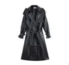 Herfst extra lange oversized zwarte faux lederen trench jas voor vrouwen lange mouw riem dubbele borsten losse mode 2022