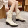 Western Cowboy Boots Women Autumn And Winter New British Mid Heel Pointed Martin Embroidered Mid Tube Knight 220726