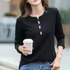 Maglietta 100% cotone Donna Moda primavera T-shirt manica lunga con scollo a V Stile coreano allentato Taglie forti Donna 220321