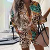 Casual Two Piece Set Womens Outfits Spring Leopard Print Button Shirt Top and Shorts 2 Set Summer Beach Women 220704
