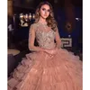 Elegantes Ballkleid im Meerjungfrau-Stil, Stehkragen, lange Ärmel, Spitze, Rüschen, Hohlpailletten, Perlen, Applikation, hohe Taille, formelle Kleider, Sweep-Zug, Partykleider