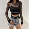 Frauen T-Shirt Sexy Schwarz Aushöhlen Mesh Weibliche Dünne Crop Top 2022 Mode Sommer Grundlegende Tops Für Frauen Fishnet hemd