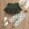 2pcs детская одежда наборы одежды темно-зеленый хлопок с длинными рукавами и на всех листьях.