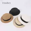 2021 new women039s hat Straw Sun Breathable Large Brim Summer Boater Beach Ribbon Round Flat Top Hat For Women4267654