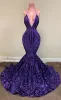 Purple Sparkly Sequin Long Prom Dresses 2022 Sexy Backless Halter African Girls Mermaid Women Formal Evening Party Gowns EE