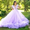 Lavender Ball Gown Beaded Prom Dresses Deep V Neck Ruffled Evening Gowns Sweep Train Tulle Custom Made Plus Size Formal Dress