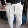 Новый дизайн мужчин с высокой талией сплошной сборной Англия. Случайный костюм брюки Прямая синая подсадка белая одежда J220629