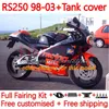 Fairings +Tank Cover för Aprilia RSV250RR RS-250 RSV250 RS RSV 250 RSV-250 98-03 159NO.81 RS250 RR 1998 1999 2000 2001 2002 2003 RS250R 98 99 00 01 02 03 BODYS SALE SILVER