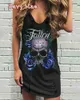 Skull Print Women Sleeveless Shirt Dress Summer Gothic Style Ladies Casual V Neck Loose Short Mini Dresses Tank 220713