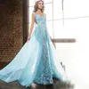 Sky Blue Elegant Mermaid Prom Dresses spetsapplikationer Strömn juvel på juvel Kvällsklänning skräddarsydd sveptåg med overskrits kvinnor formell kändis party klänning