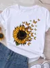 Graphic T Shirt Słoneflower Butterfly Śliczne letnie odzież swobodna odzież Kobiety z krótkim rękawem Drukuj ubrania modowe koszulka T-shirt żeński top