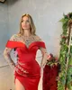 요정 붉은 깎아 지른 목 저녁 크리스탈리 라미네스톤 보석 무도회 드레스 긴 슬리브 높은 분할 유명인 여성 공식 파티 대회 가운