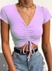 Sexy V Neck Cropped Tank Tops Women Drawstring Tie Up Front Camis Candy Colors Streetwear Slim Fit Ribbed Crop Top 2022